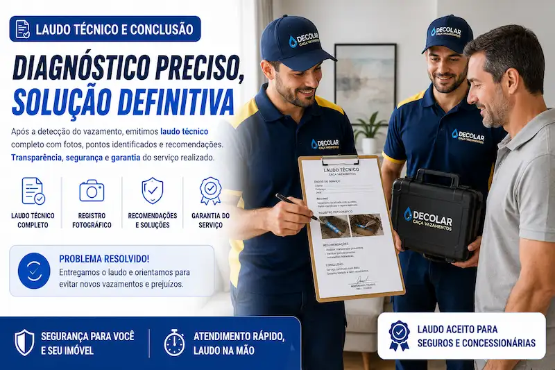 Técnicos da Decolar Caça Vazamentos preenchendo laudo técnico após serviço concluído