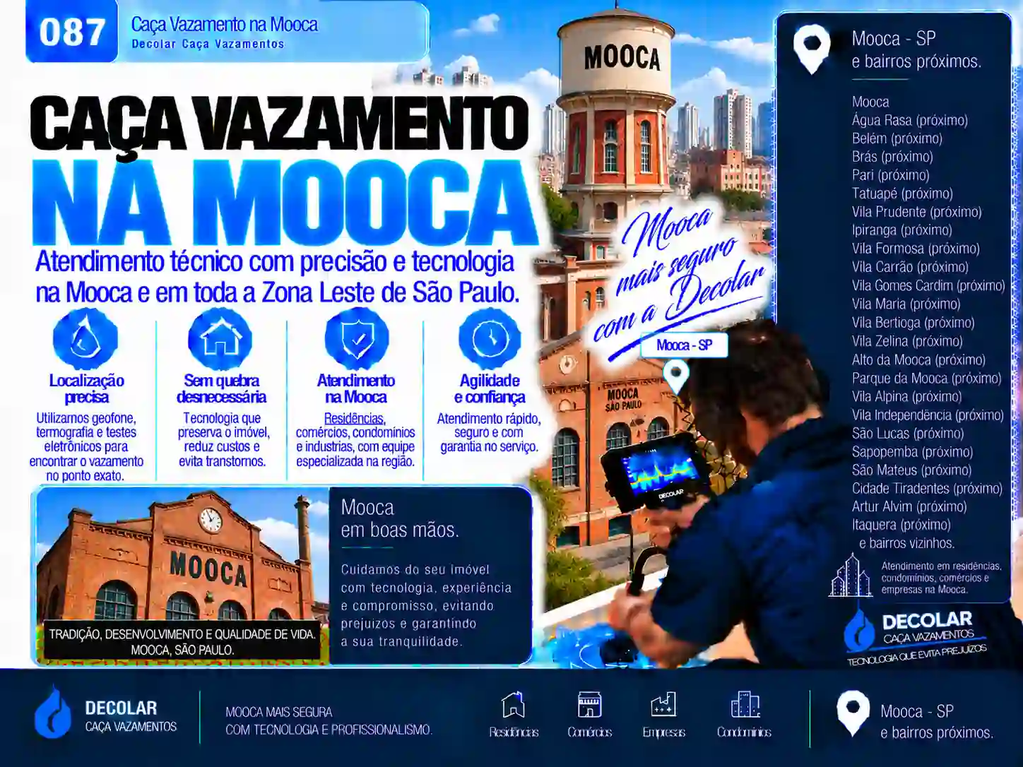 Técnico da Decolar realizando caça vazamento em Mooca