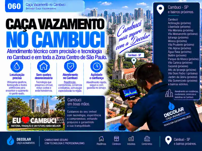 Técnico da Decolar realizando caça vazamento em Cambuci
