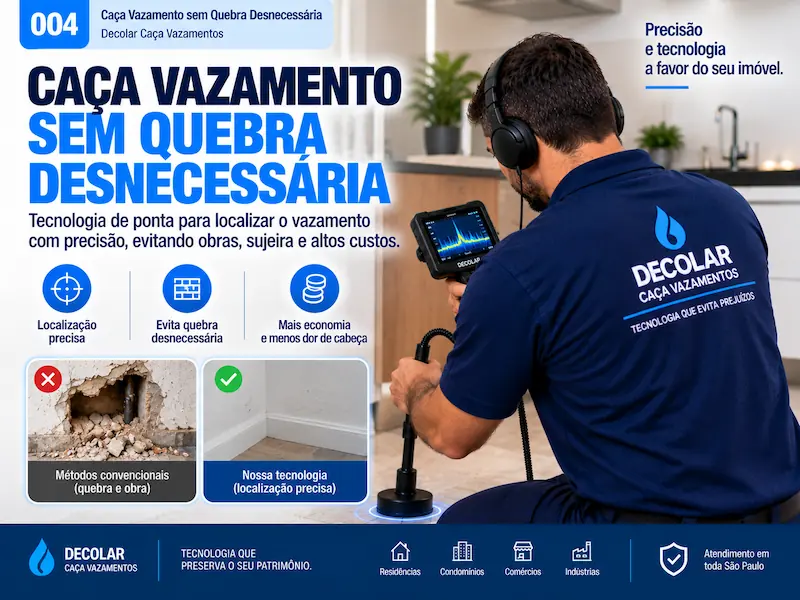 Técnico da Decolar investigando vazamento com equipamento sem abrir a parede