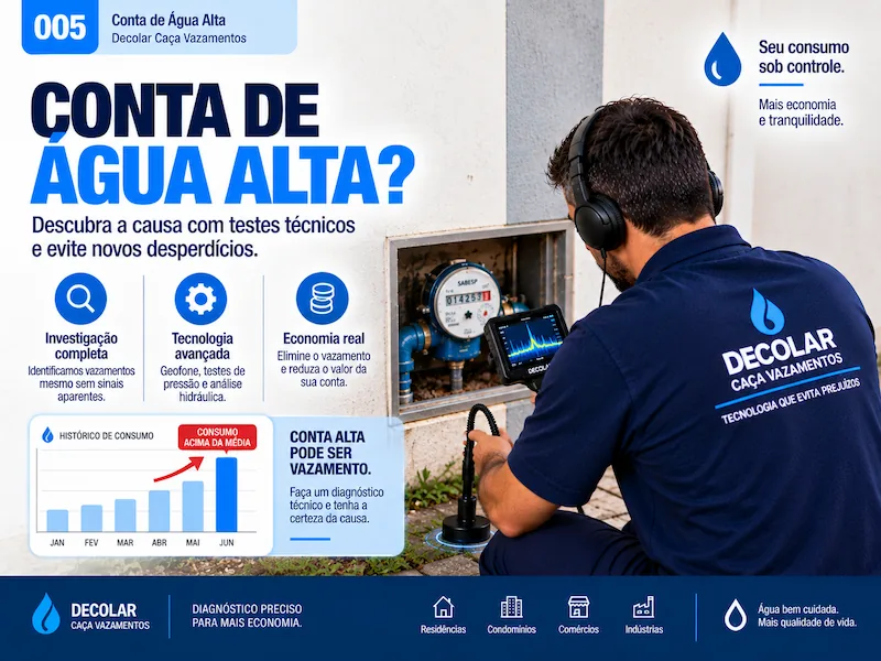Técnica da Decolar inspecionando o hidrômetro durante investigação de consumo de água