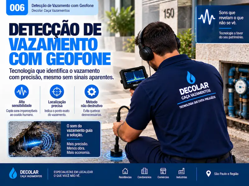 Close de geofone profissional operado por técnico da Decolar na detecção de vazamento