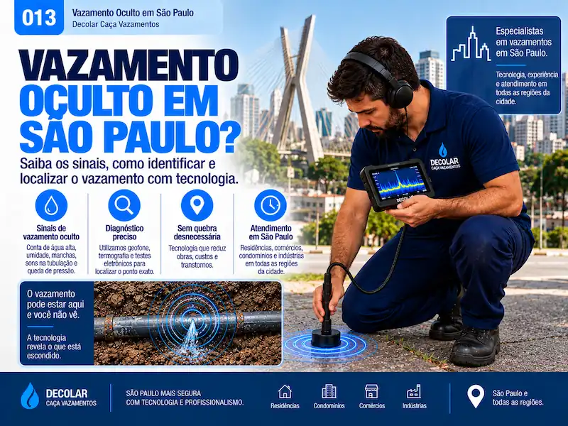 Técnico da Decolar investigando vazamento sem ponto visível com geofone em um corredor