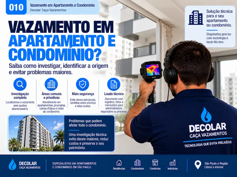 Técnico da Decolar investigando vazamento na prumada de um condomínio