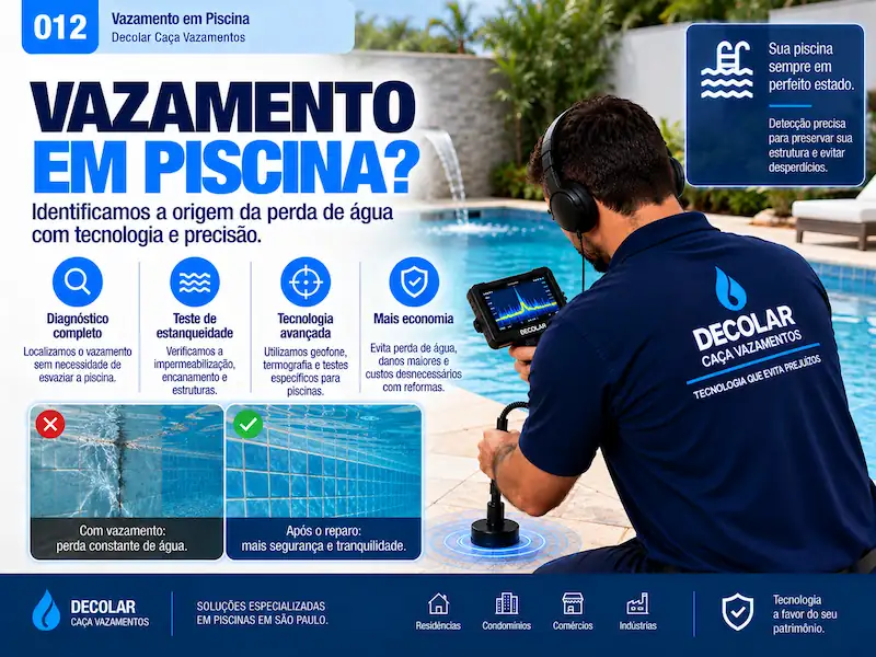 Técnica da Decolar inspecionando a tubulação de uma piscina durante investigação de vazamento